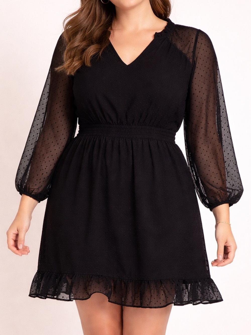 LOFT Black Swiss Dot Sheer Dress with Built-In Slip | Size 16 Tall